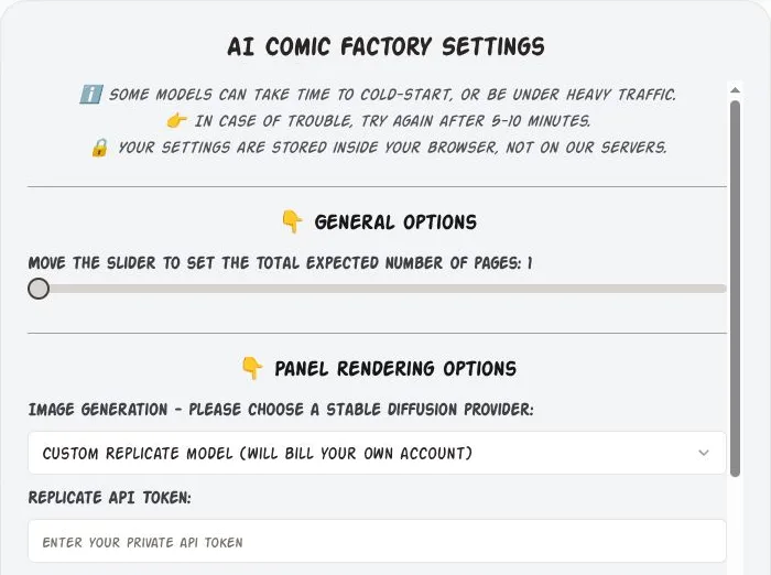 The AI Comic Factory settings window, set to a custom Replicate model that will bill your own account, with an empty API token box