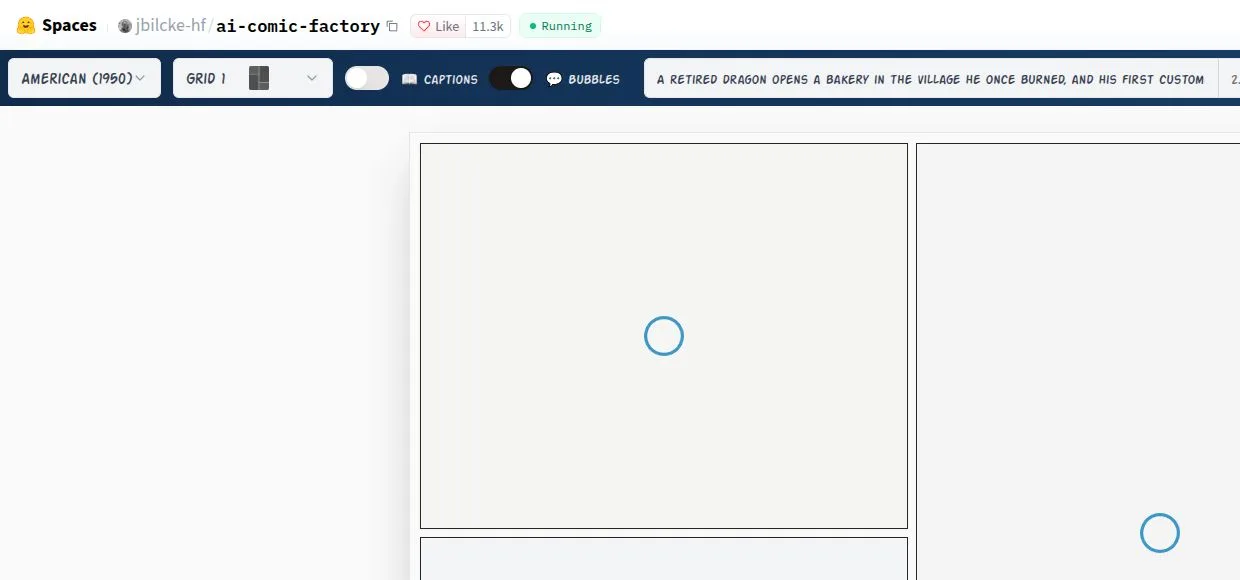 The AI Comic Factory page marked Running, with the dragon line in the story box and two large empty panels showing loading circles