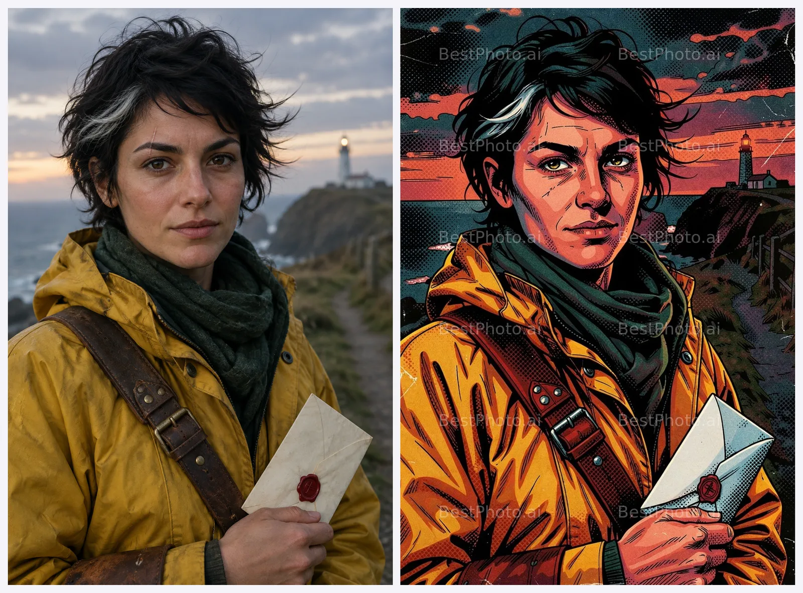 Left, an AI-made photo of a fictional courier in a yellow jacket holding a sealed letter. Right, the same courier as a noir comic-book portrait with a tiled BestPhoto.ai watermark