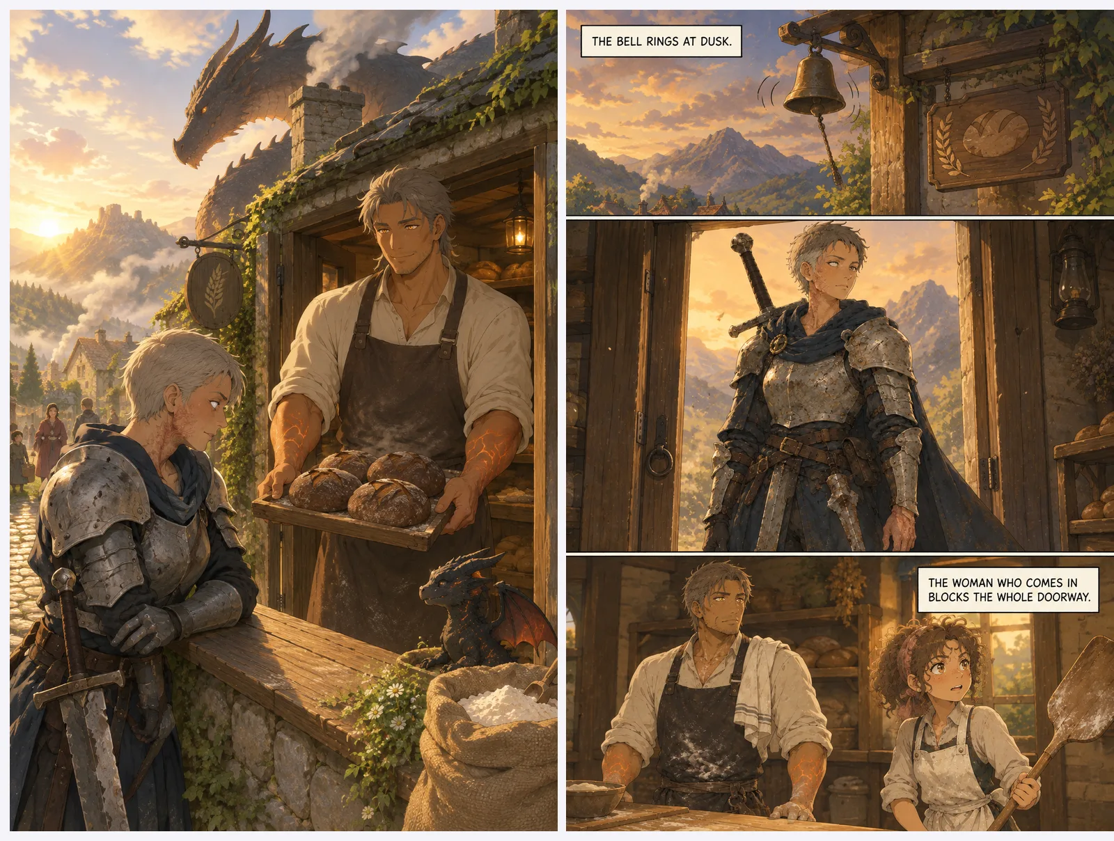 The cover of Bread for the Knight Who Failed to Kill Me, a baker holding a tray of loaves out to a grey-haired woman knight, beside page 5, where the same scarred knight in a blue cloak fills the bakery doorway at dusk while the baker and a girl look up
