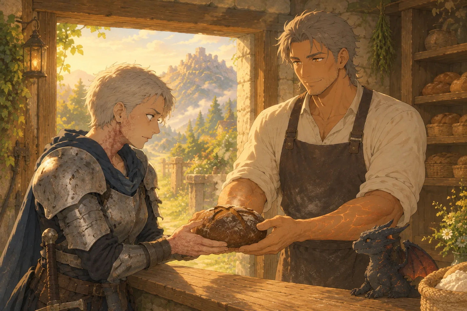 Illustration made with AI in the style of Bread for the Knight Who Failed to Kill Me: Ash the baker hands a warm loaf across the counter to the scarred knight Ser Aldris, with a tiny ember drake beside them