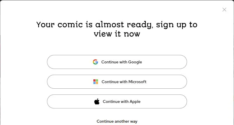 A LlamaGen pop-up reading Your comic is almost ready, sign up to view it now, with Google, Microsoft and Apple sign-up buttons