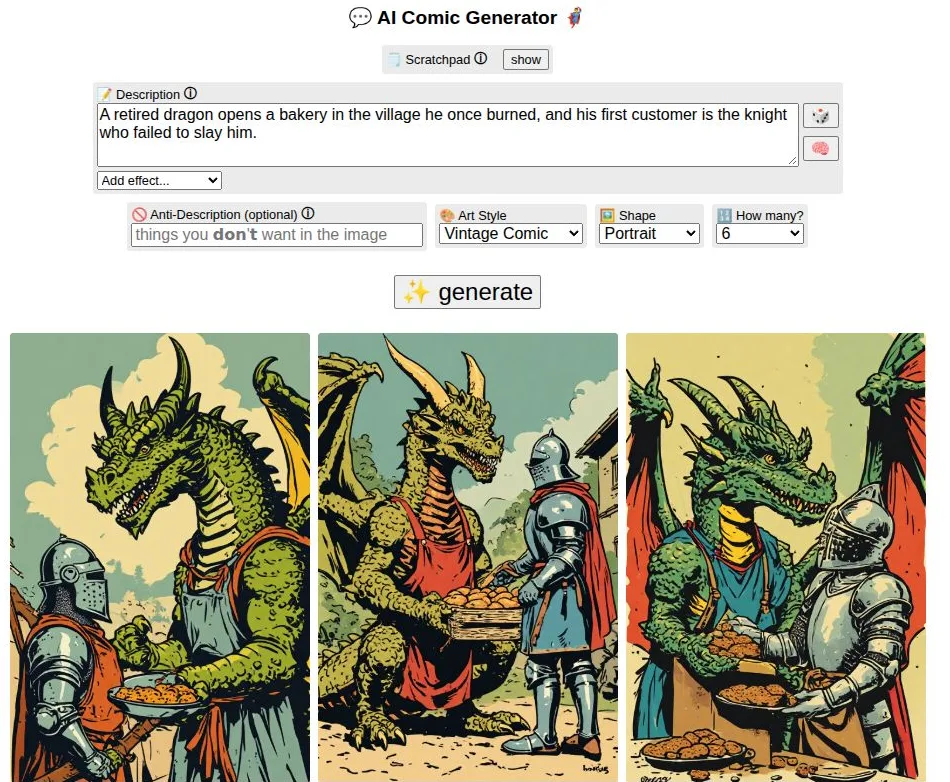 Perchance's AI Comic Generator with the dragon line typed in, above three separate vintage-comic pictures of a green dragon in an apron offering bread to a knight