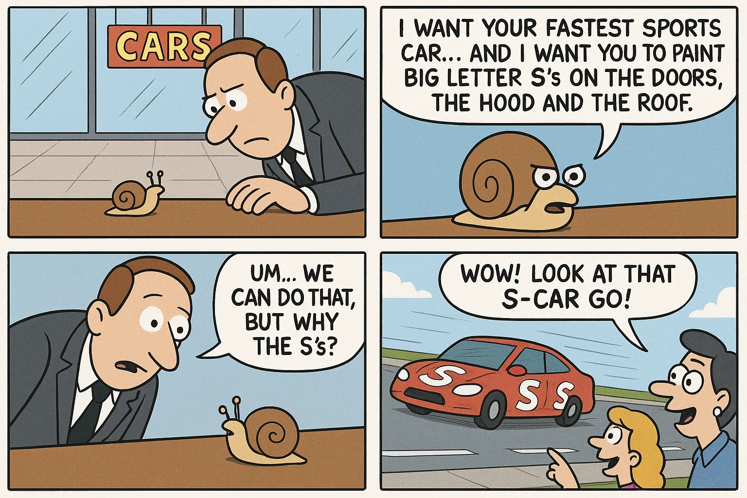 A four-panel cartoon strip in which a snail asks a car dealer to paint big letter S shapes on a red sports car