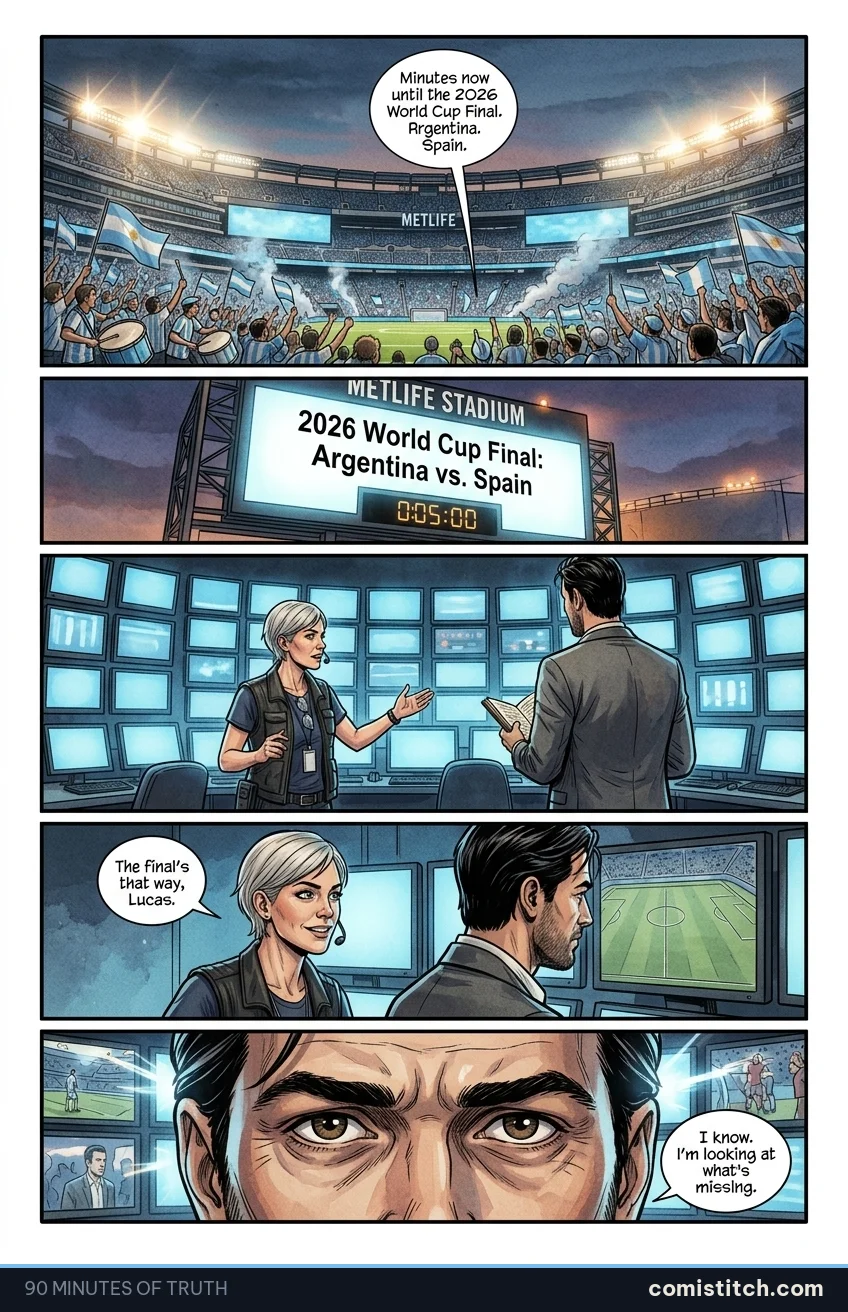 A five-panel comic page with speech bubbles: a packed stadium at night, a scoreboard announcing a World Cup final, and two people talking in a control room full of screens