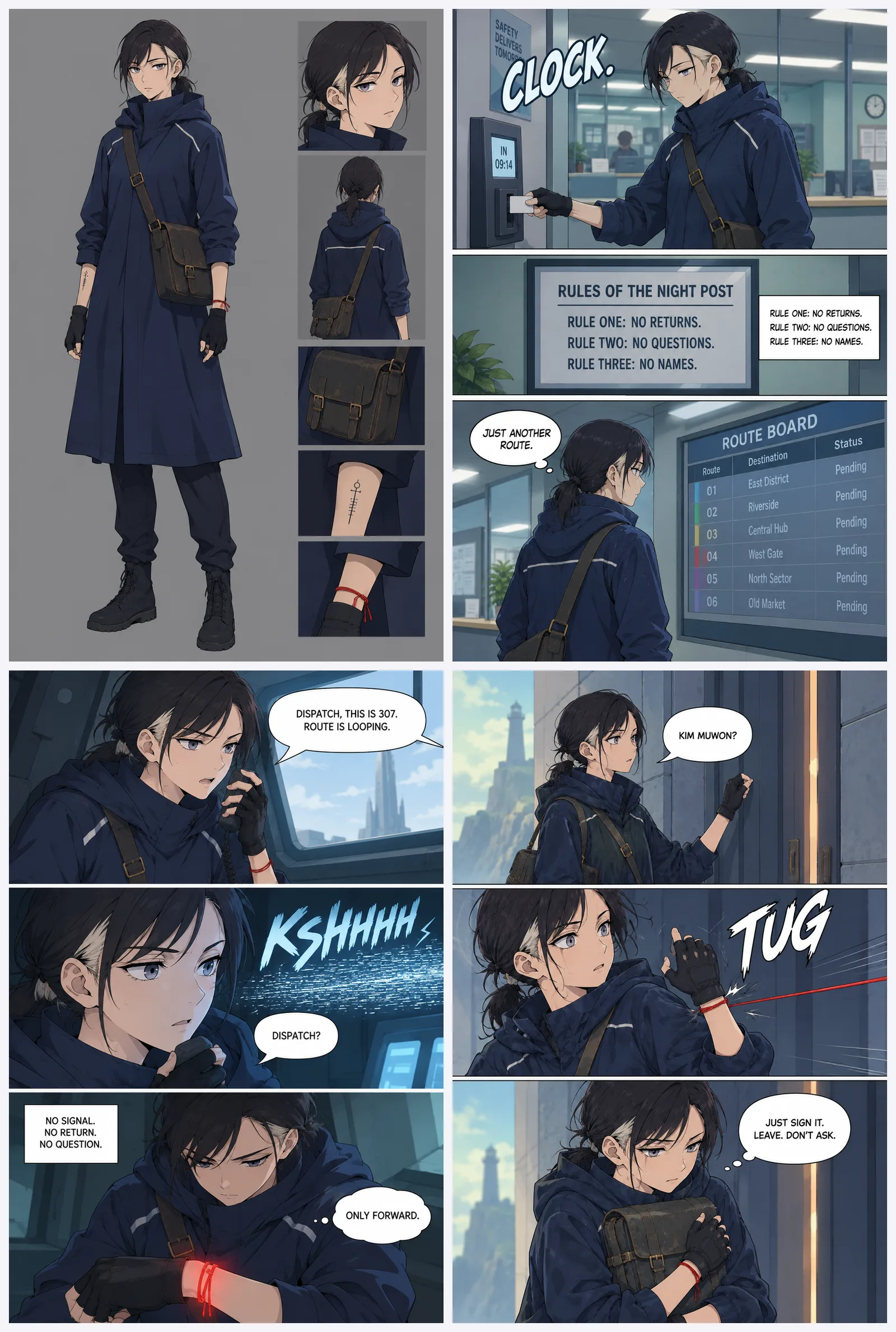 Top left, a full-body reference image of a young woman courier in a long navy coat with a satchel, fingerless gloves, a red string on her wrist and a pale streak in her dark hair. The other three are comic pages of the same woman clocking in at an office, radioing from her van as the string on her wrist glows, and knocking at a lighthouse door.