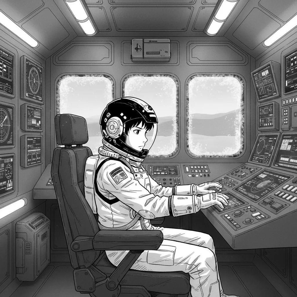 A black-and-white manga-style panel of a young astronaut at the controls of a spacecraft