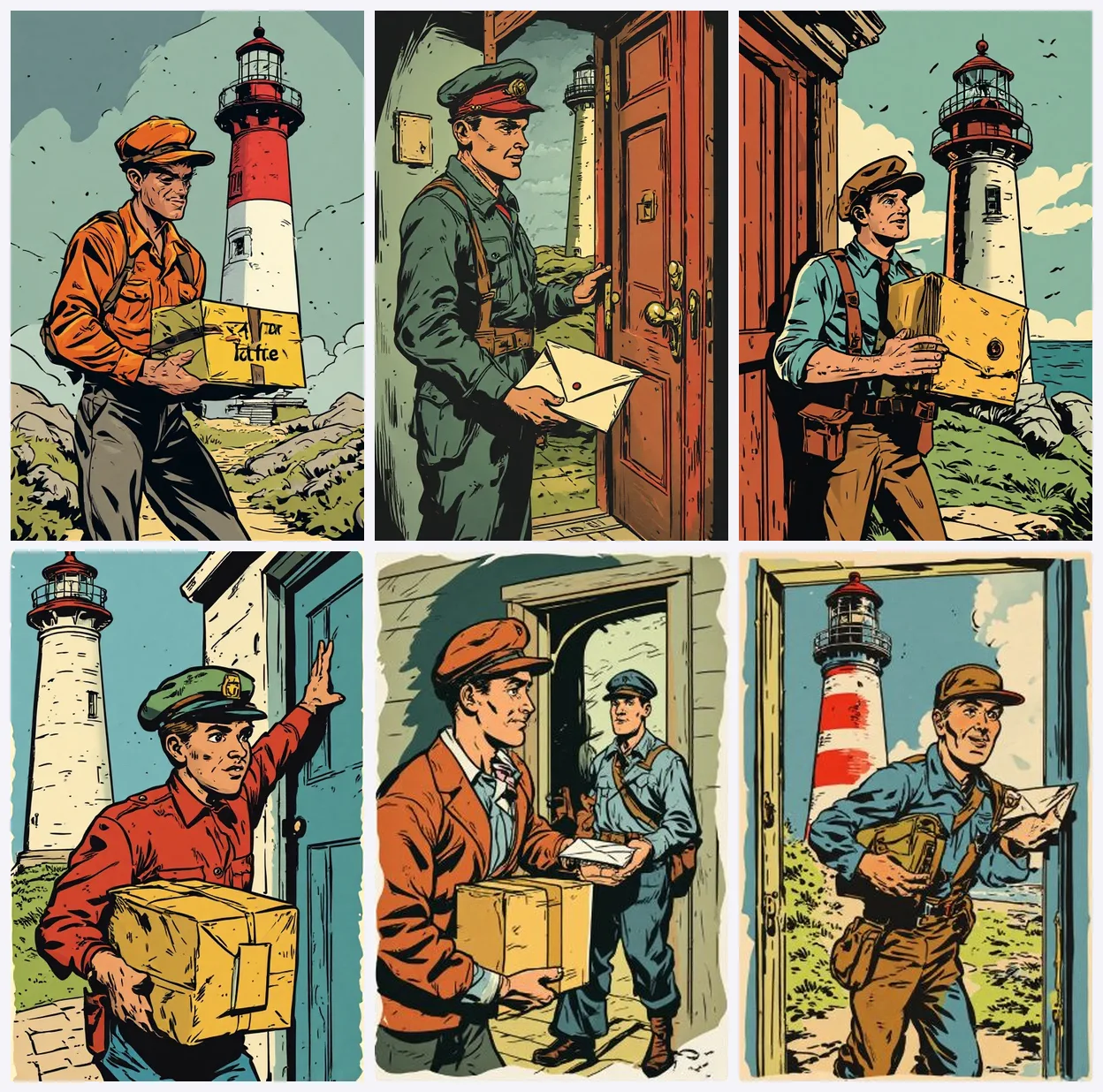 Six separate vintage comic-style pictures of a courier at a lighthouse, each showing a different man in a different cap and outfit, most of them carrying a parcel