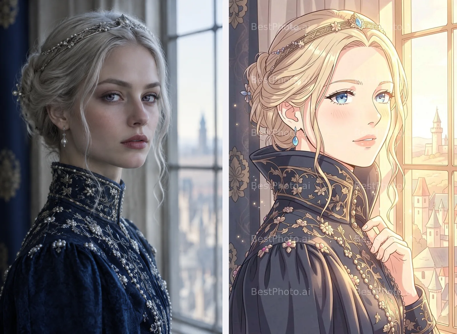 Left, an AI-made photo portrait of a fictional silver-haired duchess by a window. Right, the same pose as a soft-colored manhwa portrait with a BestPhoto.ai watermark