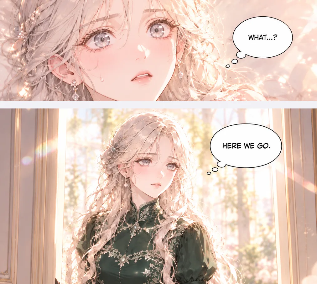 Two panels of the same silver-haired duchess: wide-eyed in bed thinking What, and 24 pages later at a conservatory door thinking Here we go