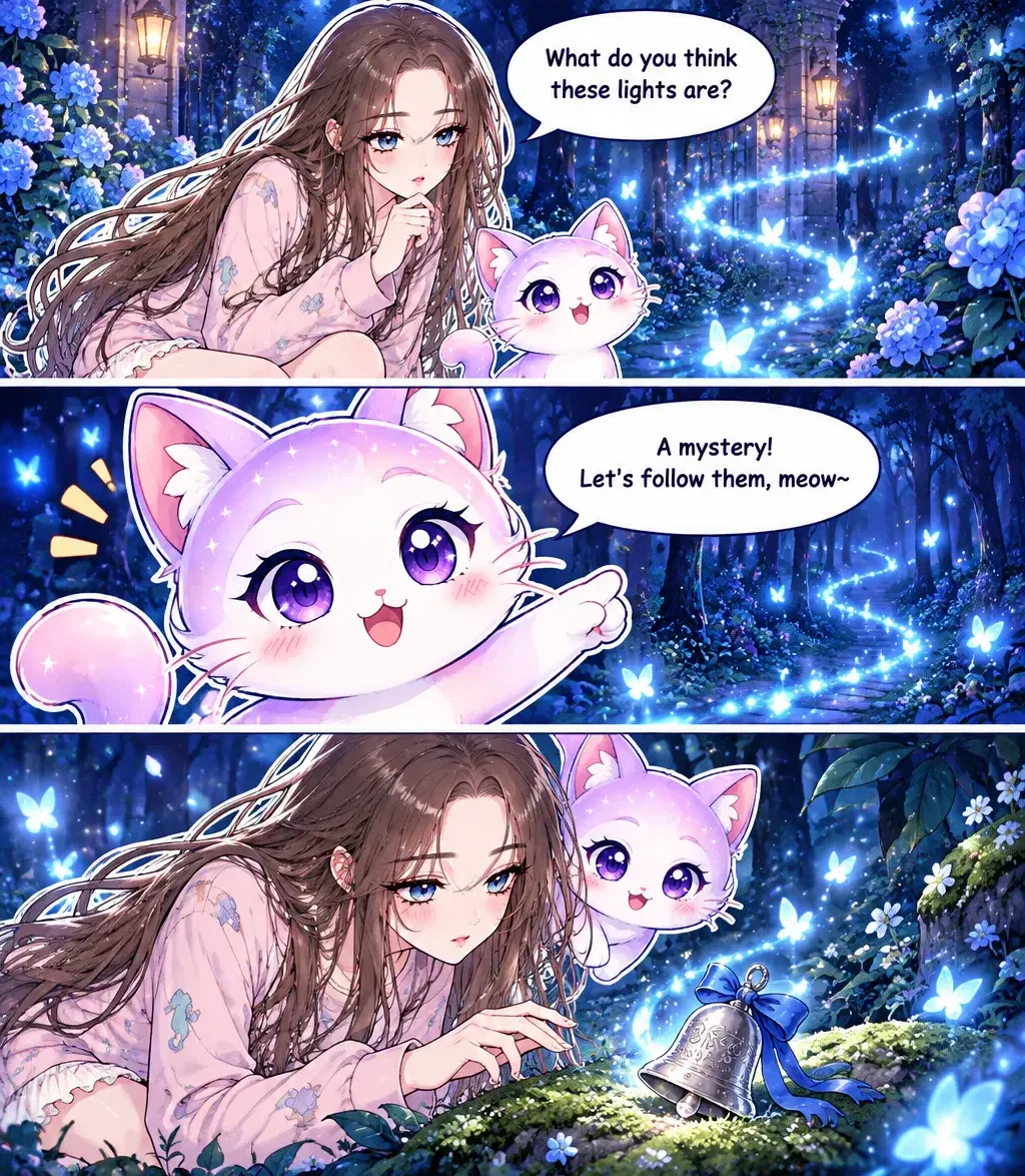 Three wide panels from a GenToon community page, stacked in one column: a long-haired girl and a small lilac cat spot glowing blue lights in a night garden, the cat points the way, and the girl finds a silver bell in the moss