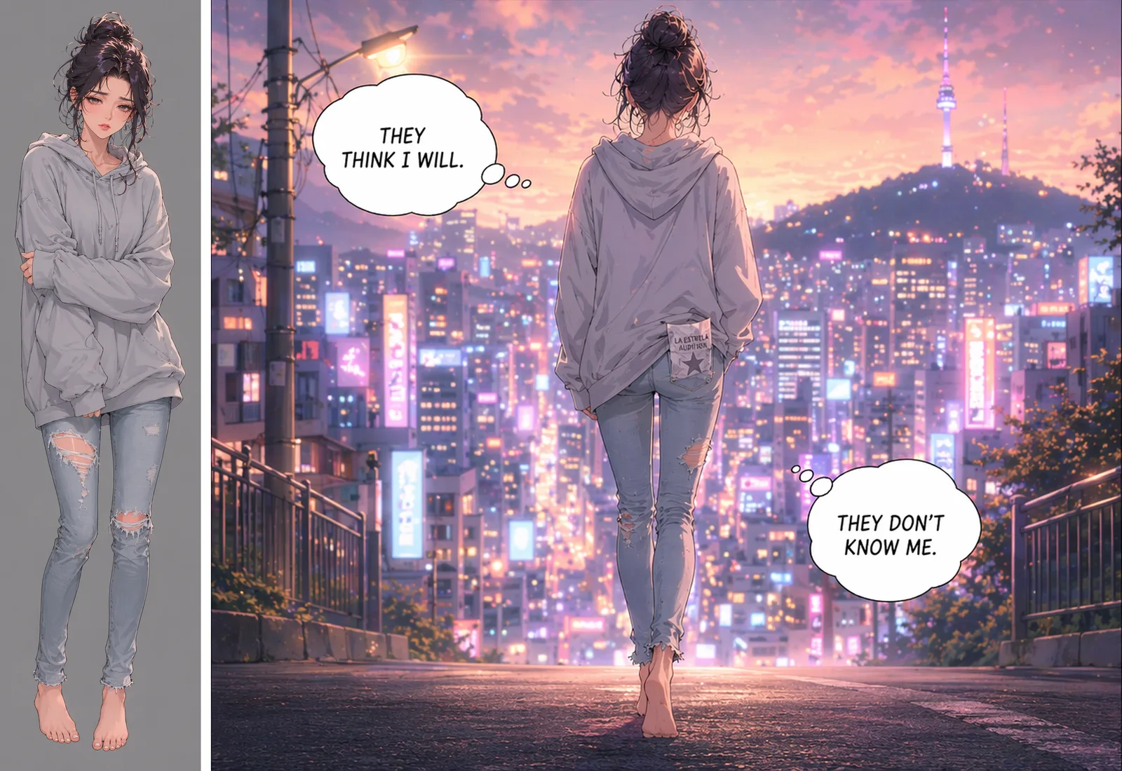 Left, a reference image of a woman in a gray hoodie and ripped jeans with bare feet. Right, a comic panel of the same woman seen from behind, walking barefoot on a street above a city at night.