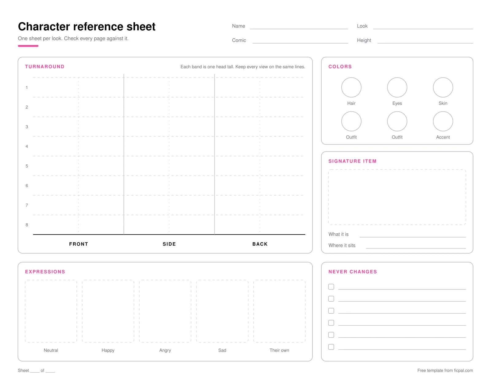 A blank character reference sheet template with a turnaround area divided into eight head-height bands for front, side and back views, five expression boxes, six color circles, a signature item box and a checklist