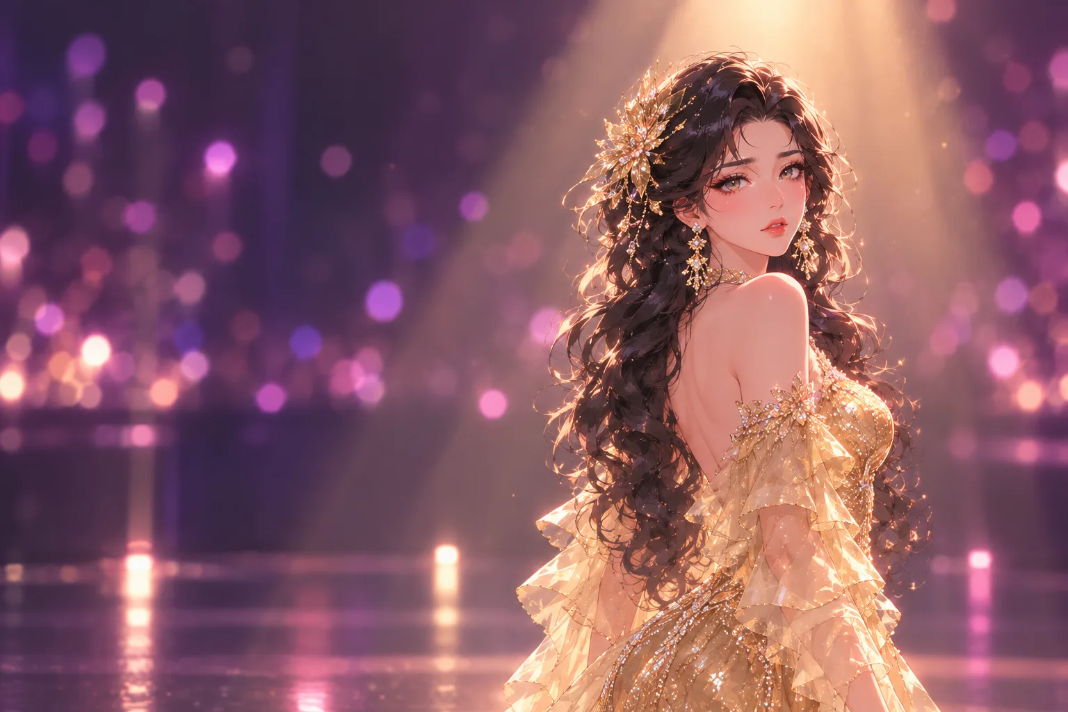 Illustration made with AI from House Estrela, Seoul Branch: Ha-rin in her gold sequined gown and long curly black wig looks back over her shoulder under a warm spotlight on a dark club stage
