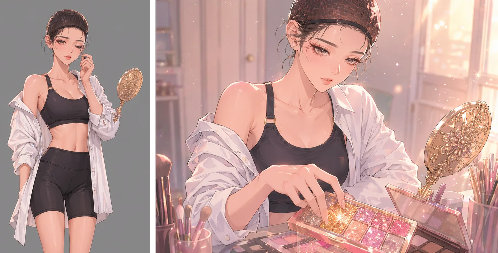 Left, a reference image of a woman in a wig cap, sports bra and open white shirt holding an ornate gold hand mirror. Right, a comic panel of her at a makeup table with the same gold mirror beside a glitter palette.