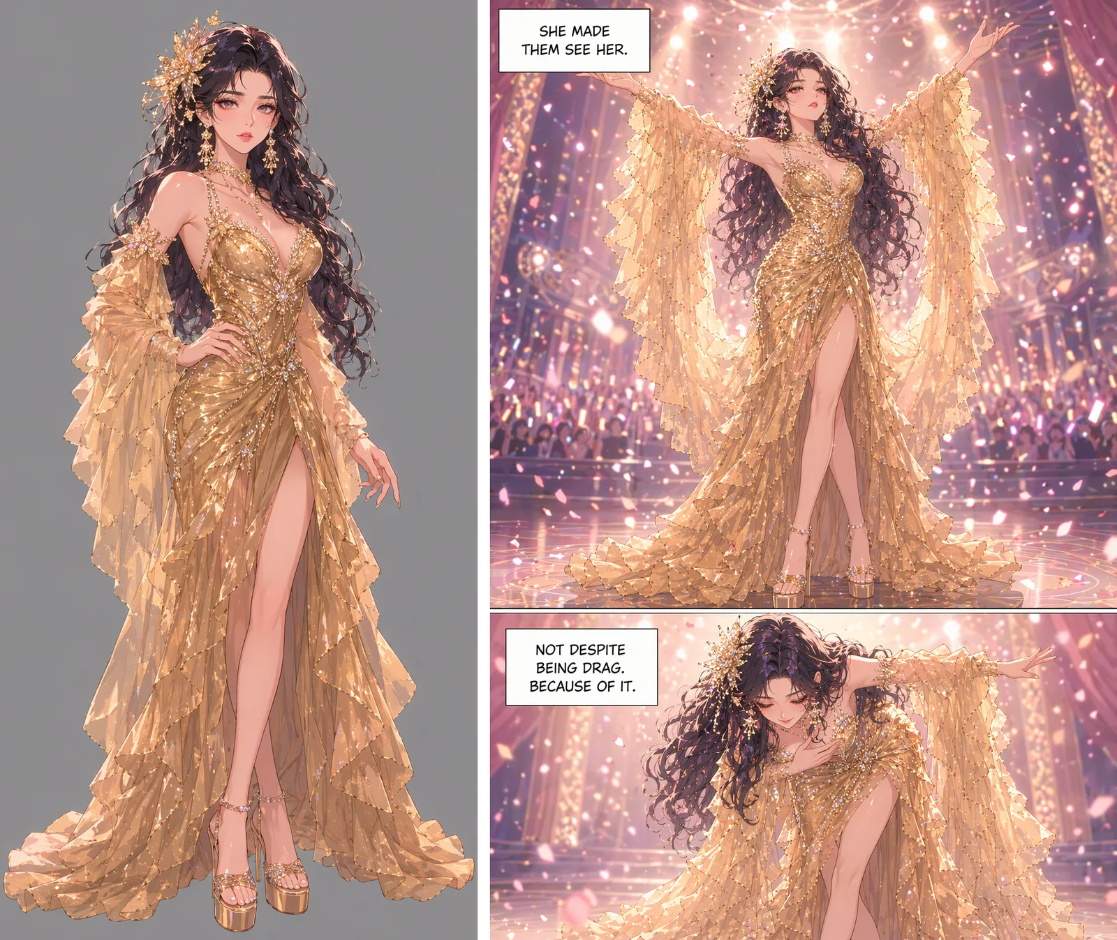 Left, a full-body reference image of a woman in a gold ruffled gown with a gold flower in her long black hair. Right, a comic page of the same woman on stage with her arms raised in the same gown.