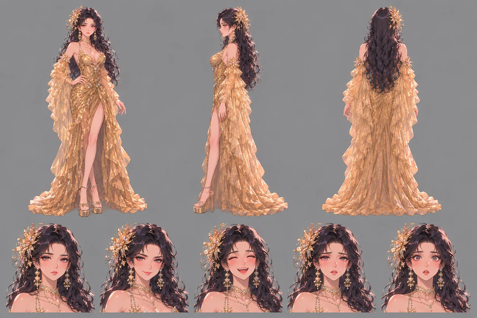 A character sheet of the woman in the gold gown: front, side and back full-body views in a row, and below them five close-ups of her face, calm, smiling, laughing, tearful and surprised