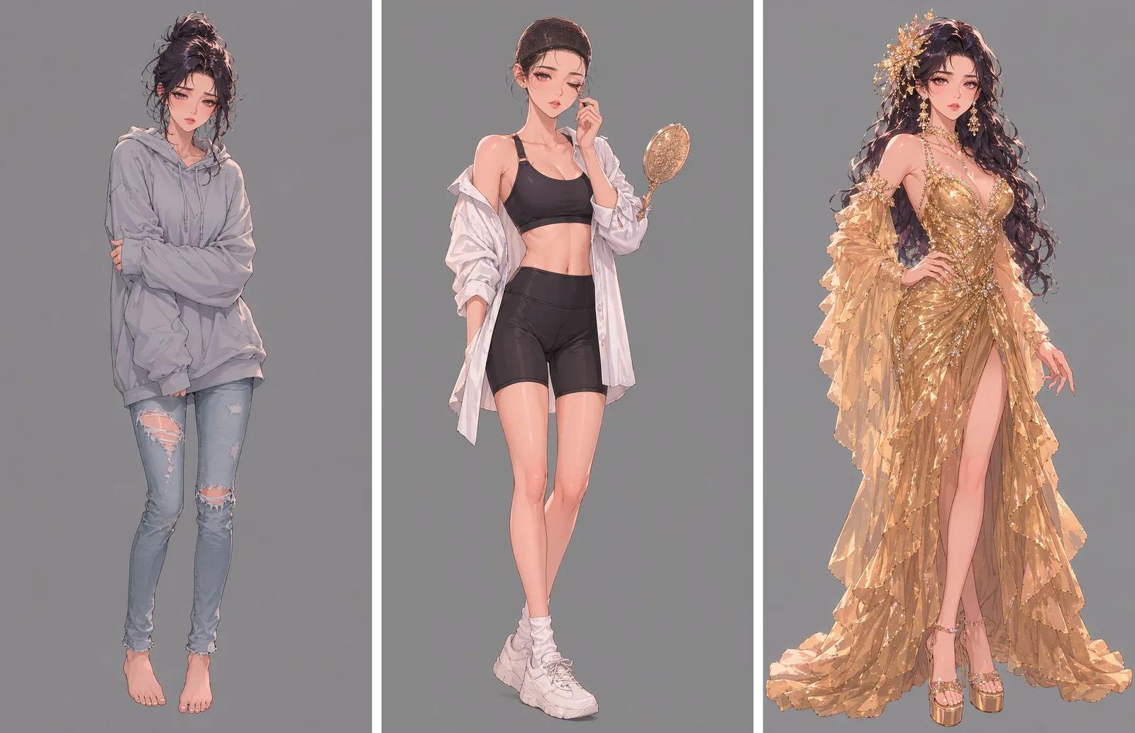 Three full-body reference images of the same woman: in a gray hoodie and jeans, in rehearsal clothes with a wig cap and hand mirror, and in a gold stage gown