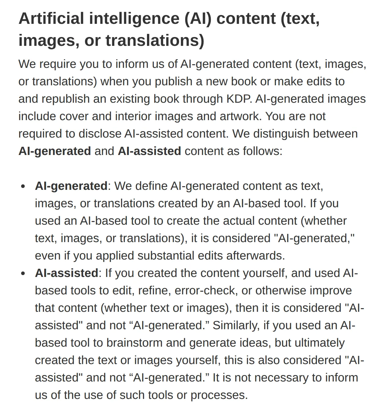 Amazon KDP Content Guidelines, section on artificial intelligence content, defining AI-generated and AI-assisted content
