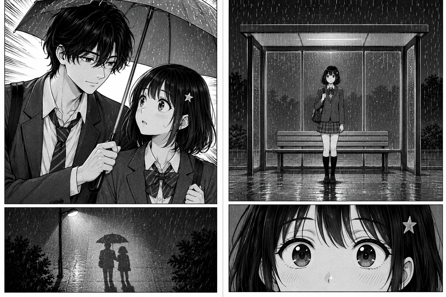 Two black and white manga pages with dot screentone and no words. On the right page a schoolgirl with a star hairpin waits alone in a bus shelter on a rainy night, then her eyes widen. On the left page a tall boy holds an umbrella over her, then their silhouettes stand together under a streetlamp