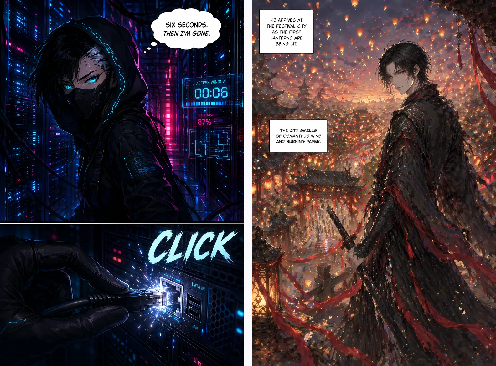 Two full color comic pages side by side: a masked hacker in a neon server room on the left, and a robed swordsman above a lantern festival city on the right