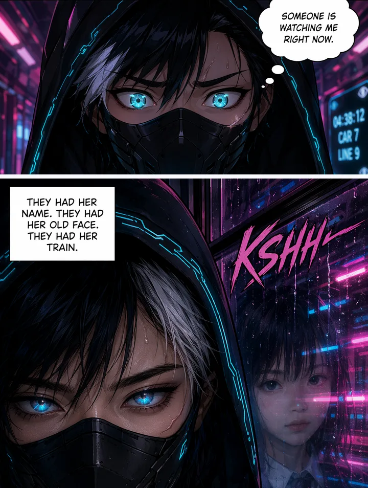 Two stacked comic panels: a masked girl on a train thinks that someone is watching her, and below it a close up of her with a younger schoolgirl version of her face reflected in the window