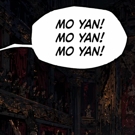 Bubble with a tail from the panel edge, the name Mo Yan repeated three times.