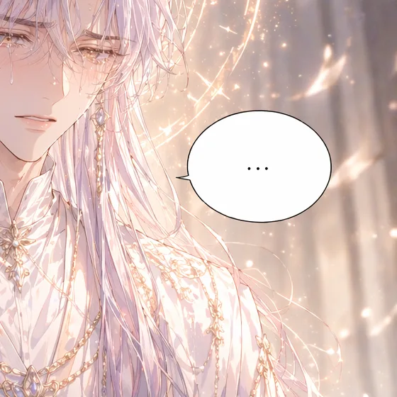 Speech bubble holding only three dots, beside a man in tears.