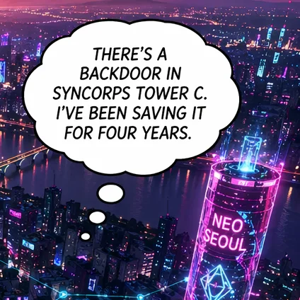 Cloud-shaped thought bubble with a trail of circles: There's a backdoor in Syncorps Tower C. I've been saving it for four years.
