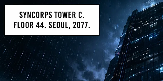 Caption box beside a skyscraper at night: Syncorps Tower C. Floor 44. Seoul, 2077.