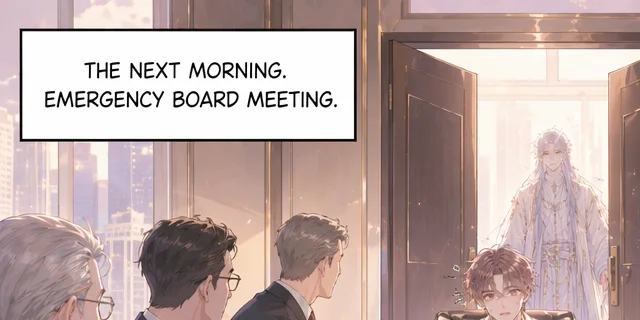 Caption box at the top of a panel: The next morning. Emergency board meeting.