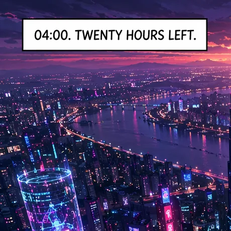 Caption box above a city at dusk: 04:00. Twenty hours left.