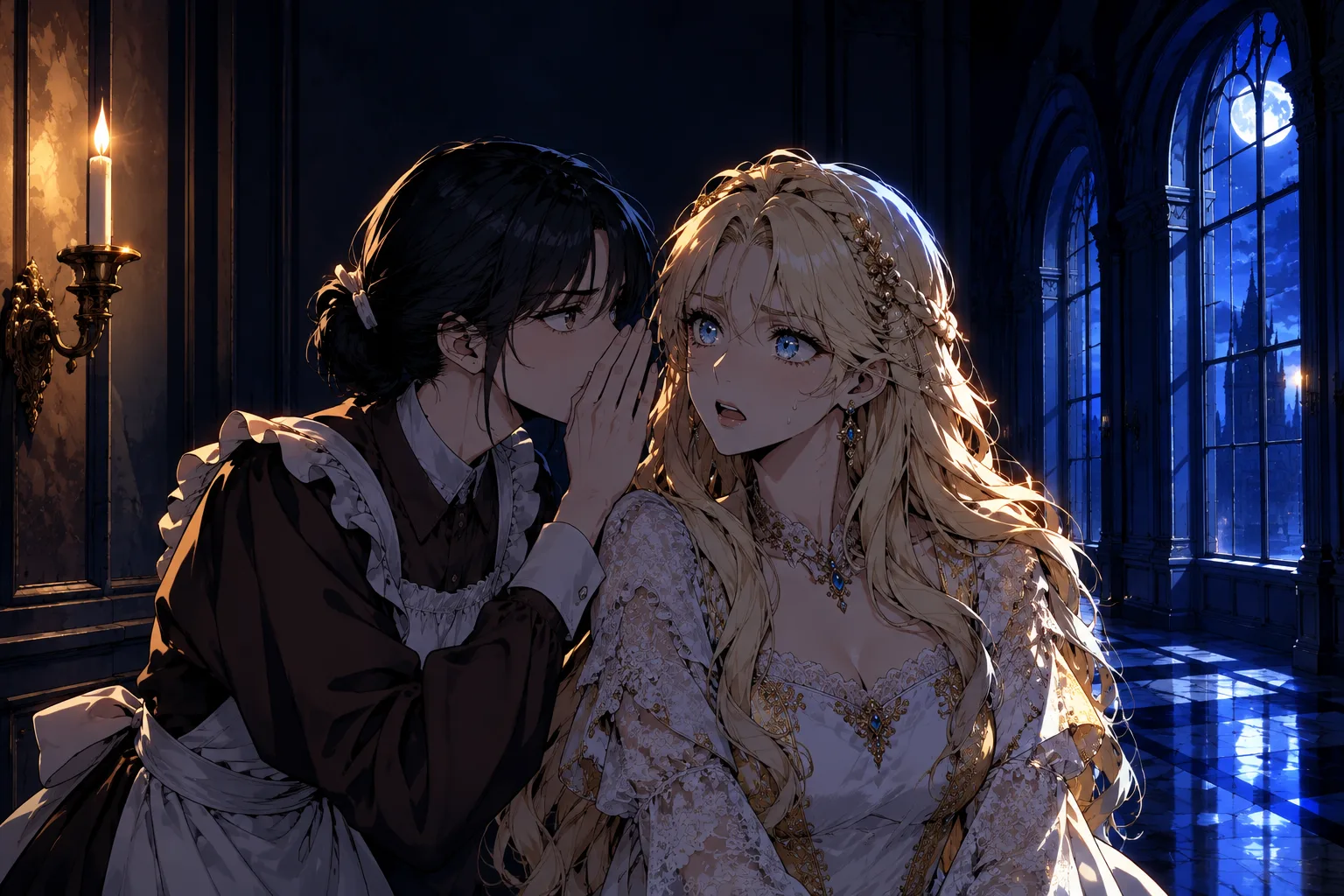 Illustration made with AI from This Isn't a Romance Novel: Su-Jin the maid whispers behind her hand to Aria, who listens wide eyed in a candlelit palace corridor at night