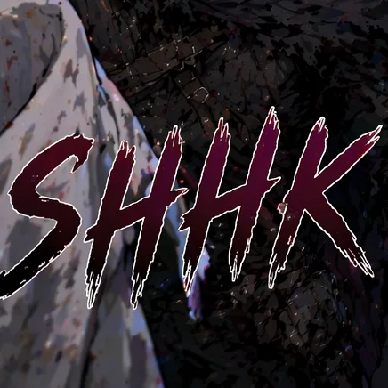 Sound effect SHHK in dark red brush letters.