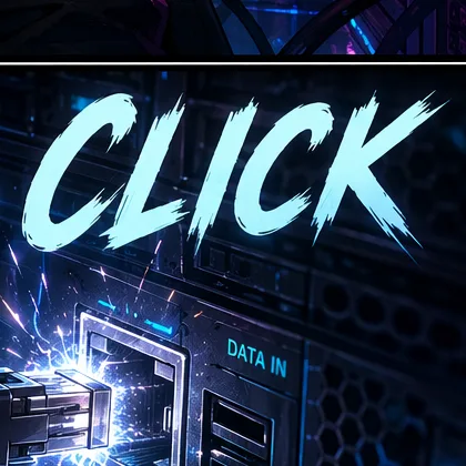 Sound effect CLICK in glowing cyan letters over a cable plugging in.
