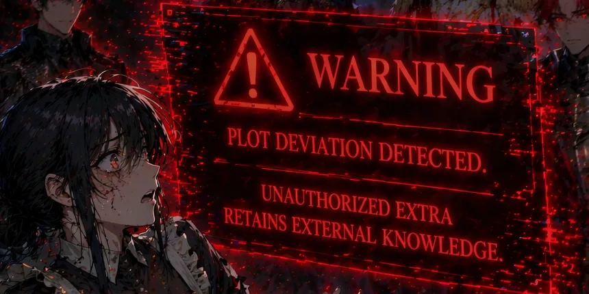 Red holographic warning window: Plot deviation detected. Unauthorized extra retains external knowledge.