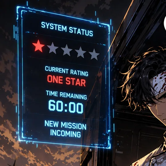 Blue status window: System status. Current rating one star. Time remaining 60:00. New mission incoming.