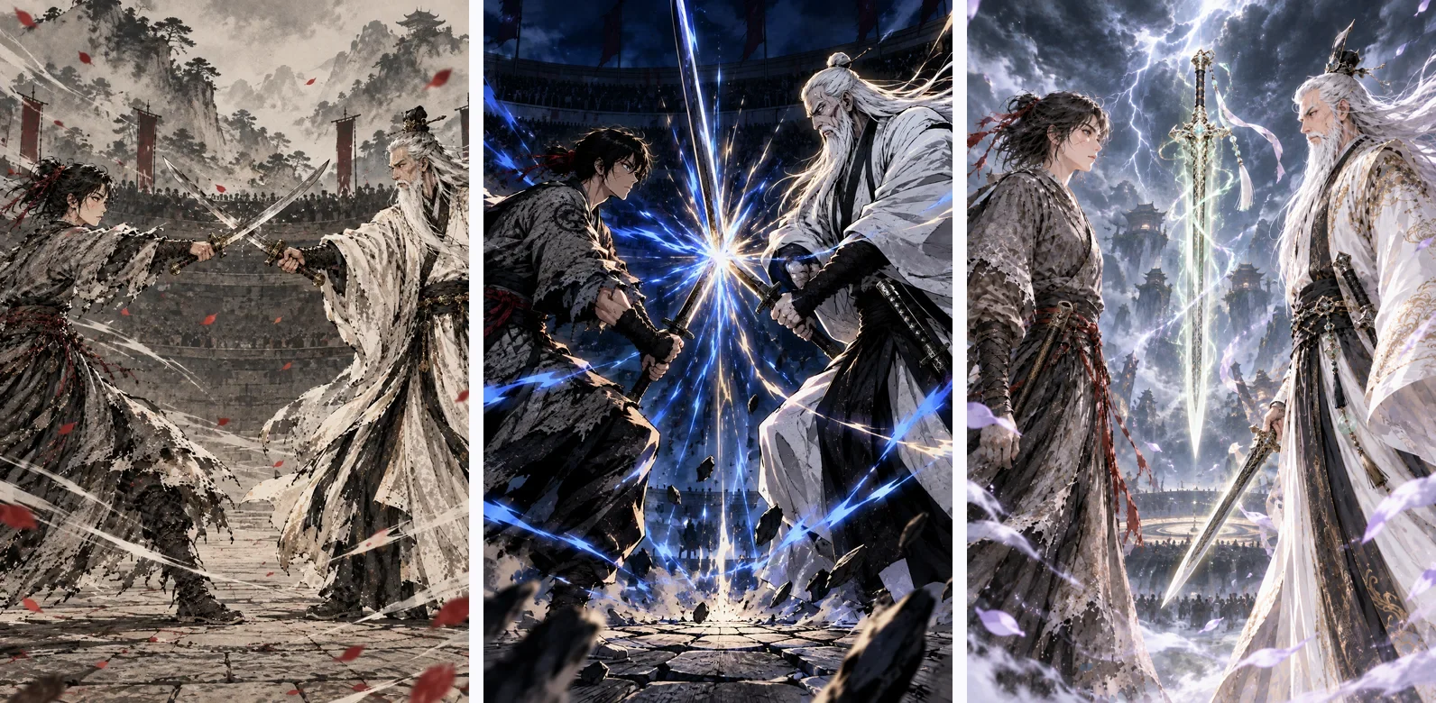 Three comic pages of the same duel between a young swordswoman and an old white-bearded master. Left, in grey ink wash, their steel swords cross. Middle, in dark heavy ink, their swords meet in a blue starburst over a cracked stone floor. Right, in white and storm grey, her sword floats point down between them under a lightning sky.