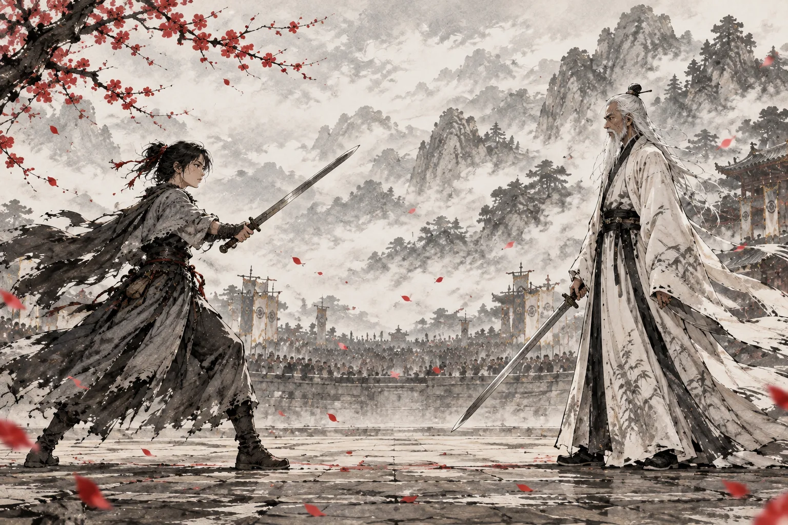 Illustration made with AI in ink wash style of the tournament duel: Yan Su in grey travelling clothes raises her steel sword at her old master Gu Chen, who waits in white robes as plum petals blow across the stone arena