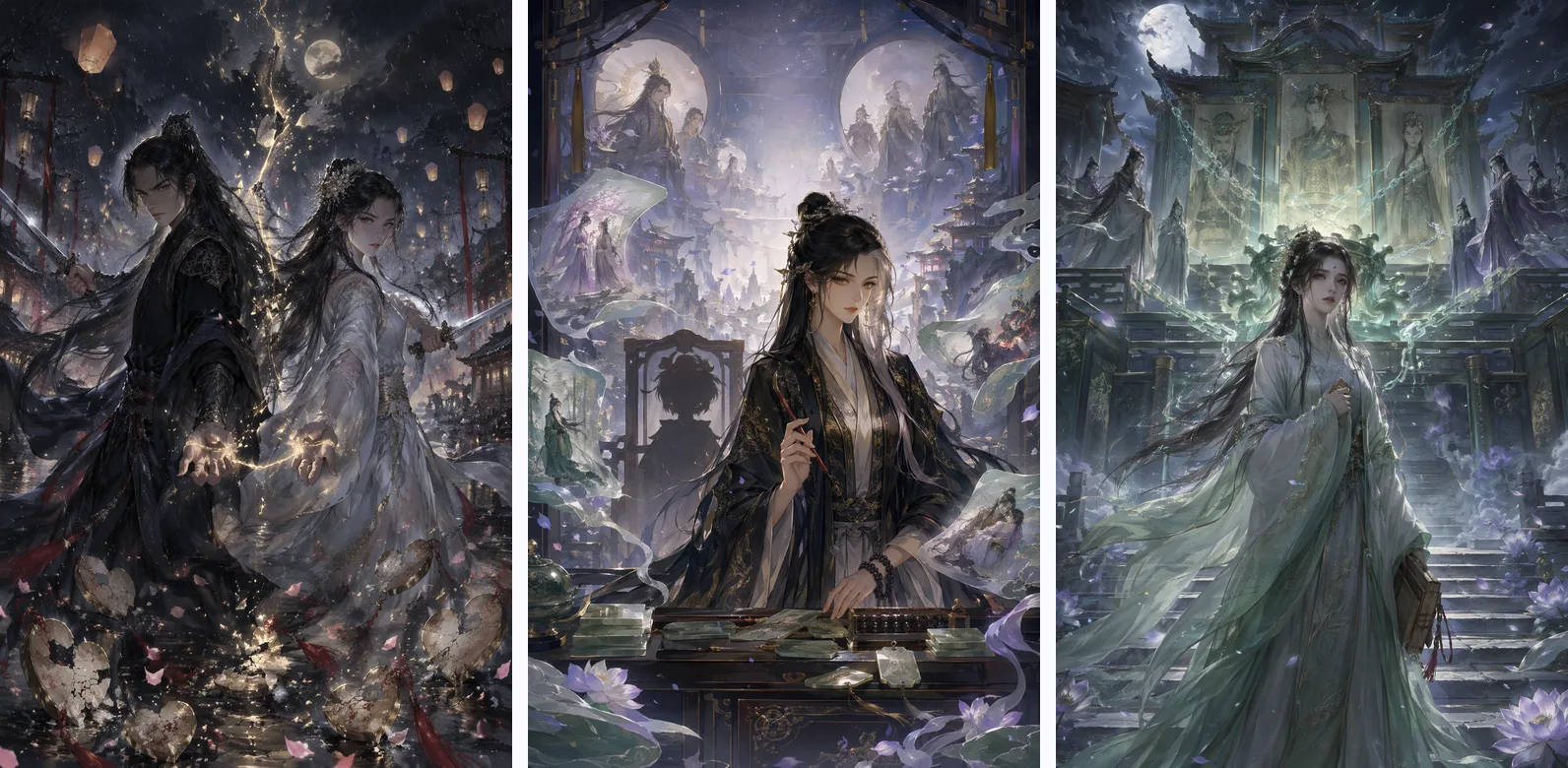 Three comic covers: a dark-robed cultivator and a woman in white with lanterns behind them, a woman in black robes at a desk of jade slips, and a woman in pale green robes before a temple wrapped in chains