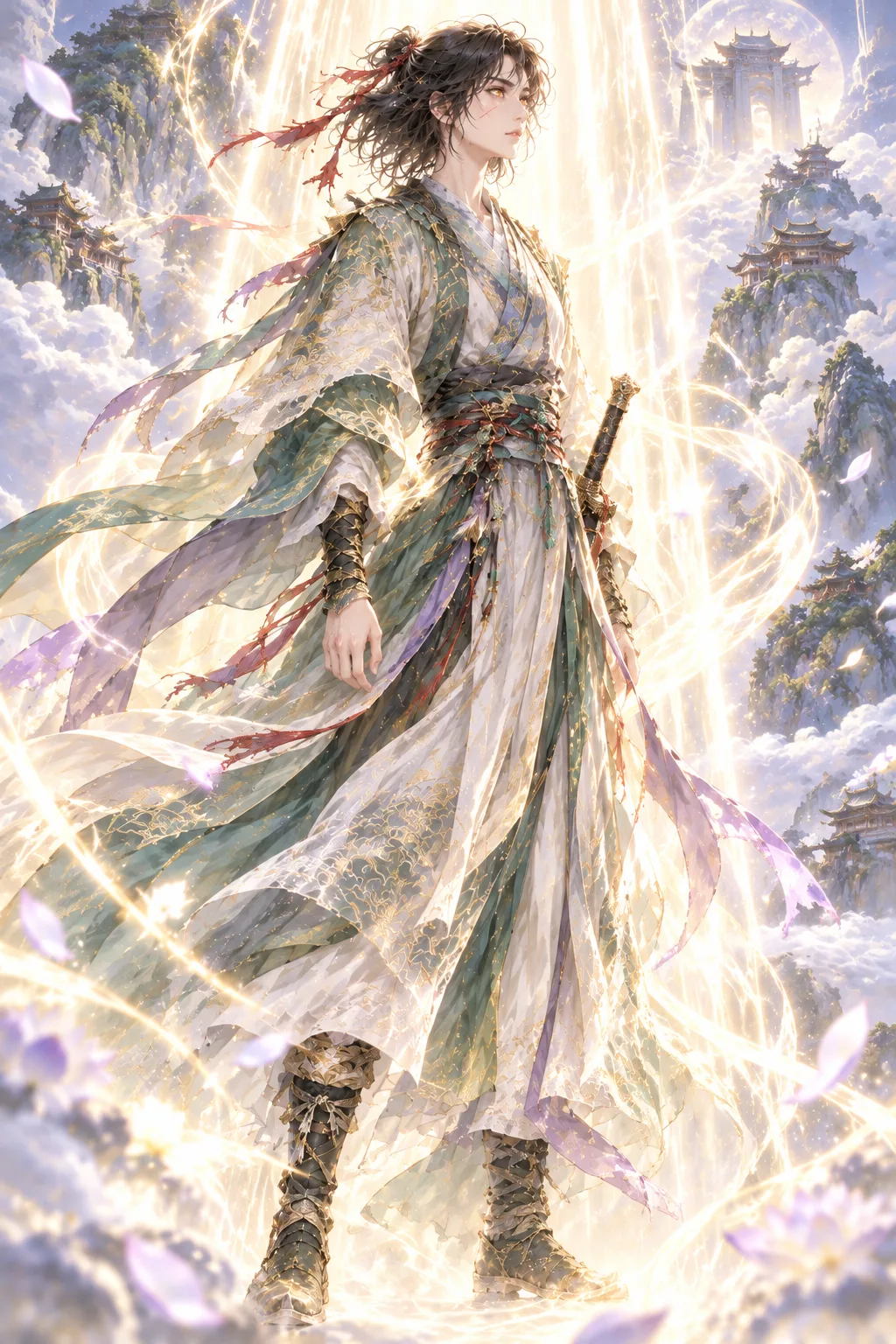 A full comic page with no words: a young swordswoman stands inside a rising column of white and gold light, robes and red hair cord lifting, cloud-wrapped temple peaks behind her