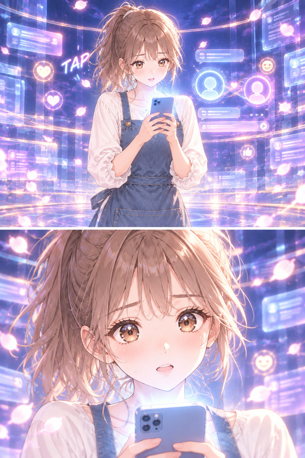 Transition to the Digital Sphere. The environment is abstract, glowing with lavender and indigo. Marinette is seen wearing her civilian clothes, illuminated by the soft glow of a handheld smartphone.