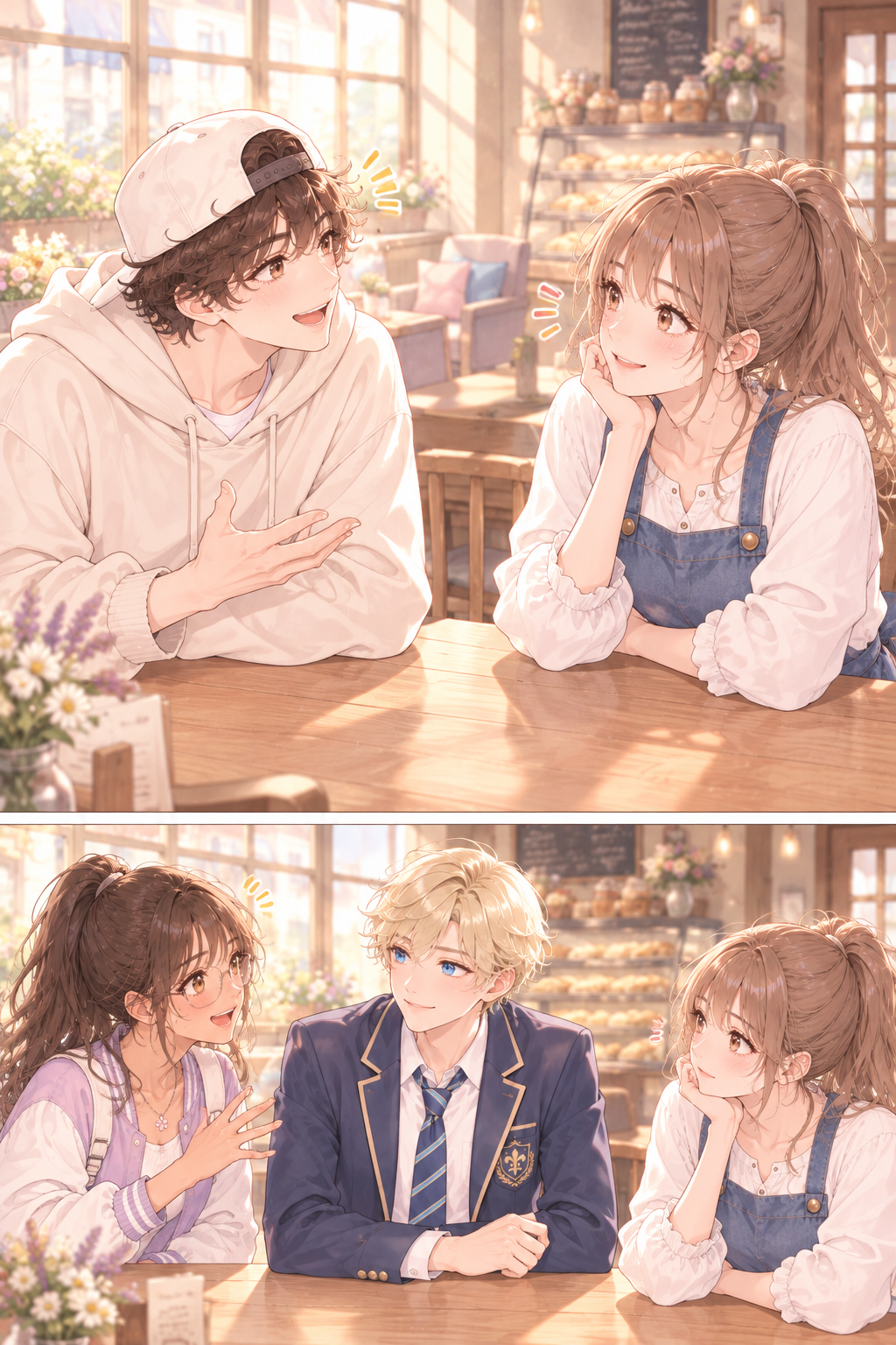 Nino is making a comment about something funny, leaning across the table to speak to the group. Marinette listens, a slight smile playing on her lips.