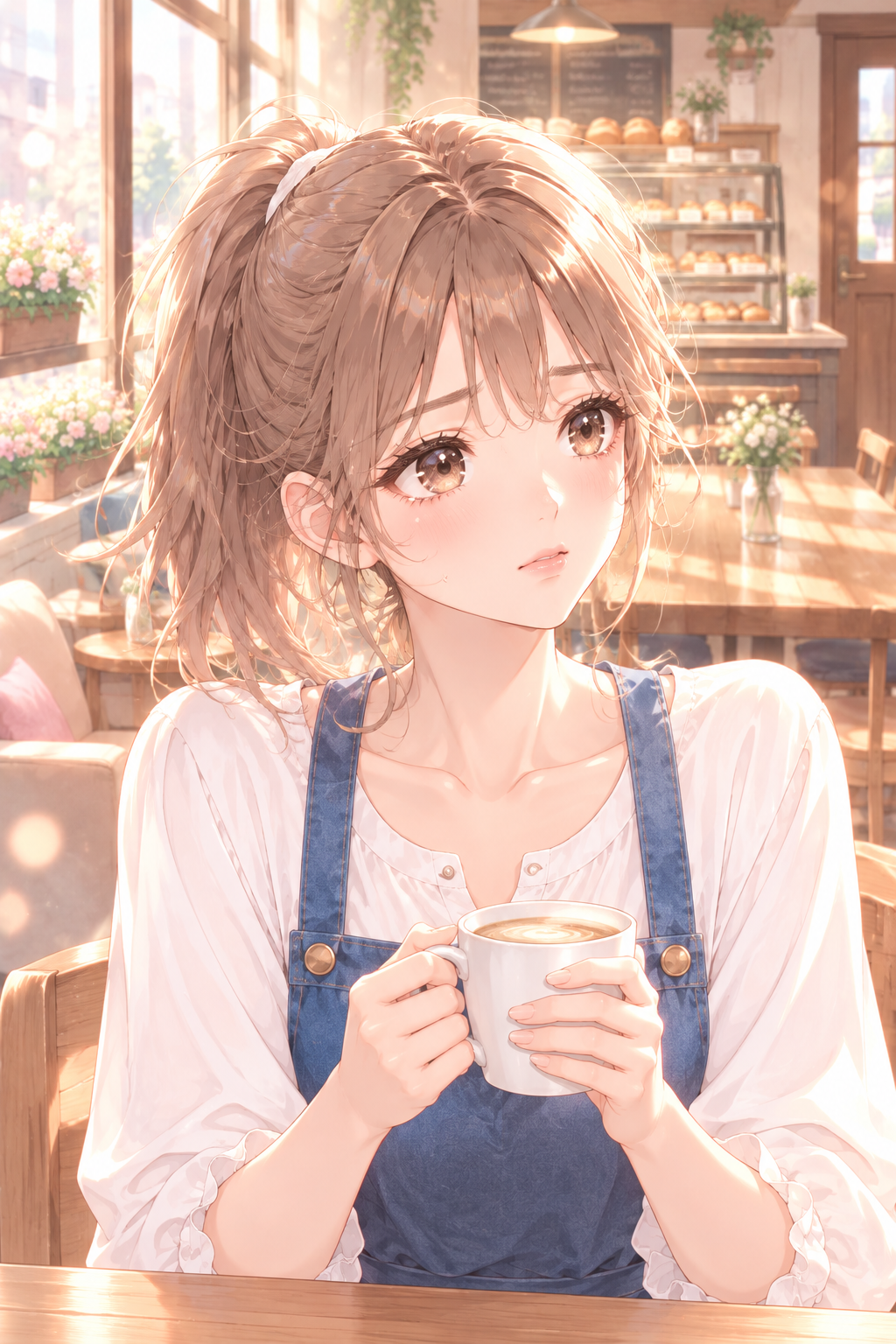 A full-page close-up of Marinette. She is holding her coffee cup, but her eyes are distant, lost in thought as she looks past Adrien.