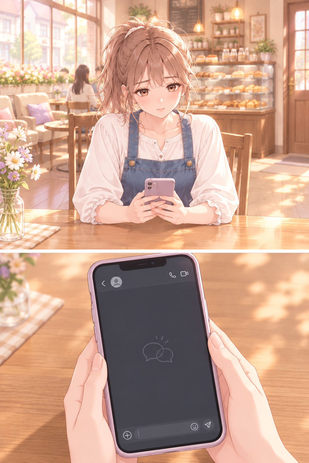 Time skip. Marinette sits alone at a small table, staring blankly at her phone. The warmth of the bakery feels slightly muted now, replaced by a melancholic introspection.