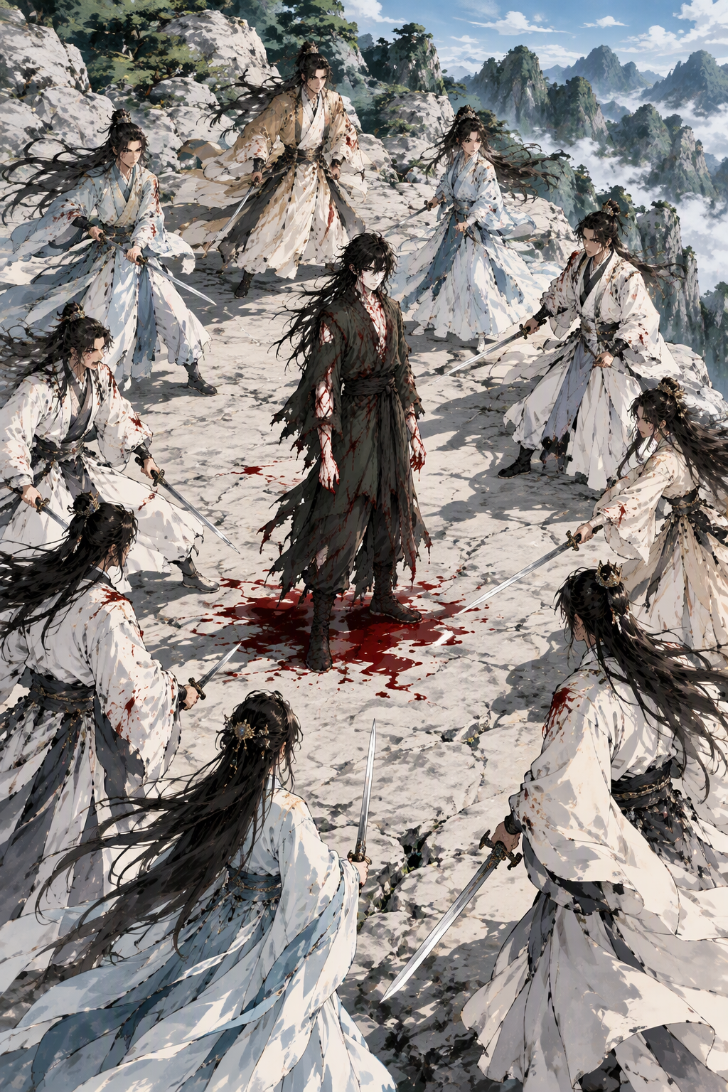 The siege: young heroes of the righteous sects encircle the bloodied demon on the gray-white ledge.