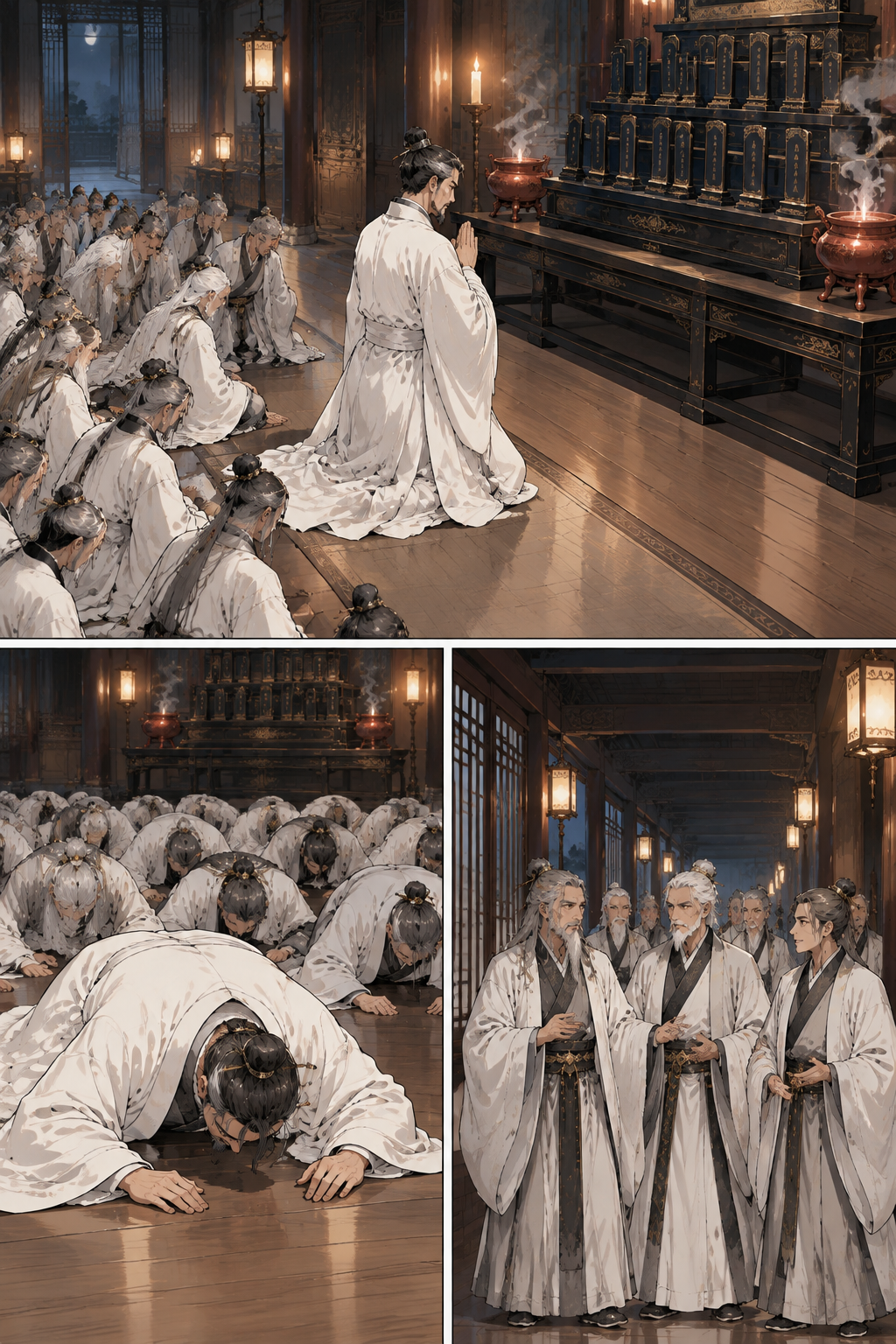 The Sacrificial Ceremony, the kowtow, then elders relaxing in the third-floor hallway.
