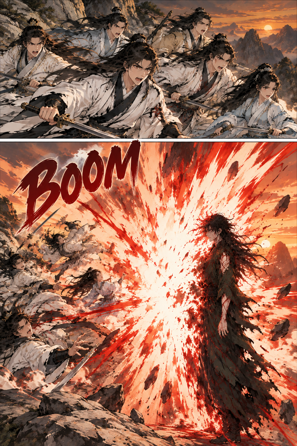 Heroes close in; Fang Yuan self-explodes.