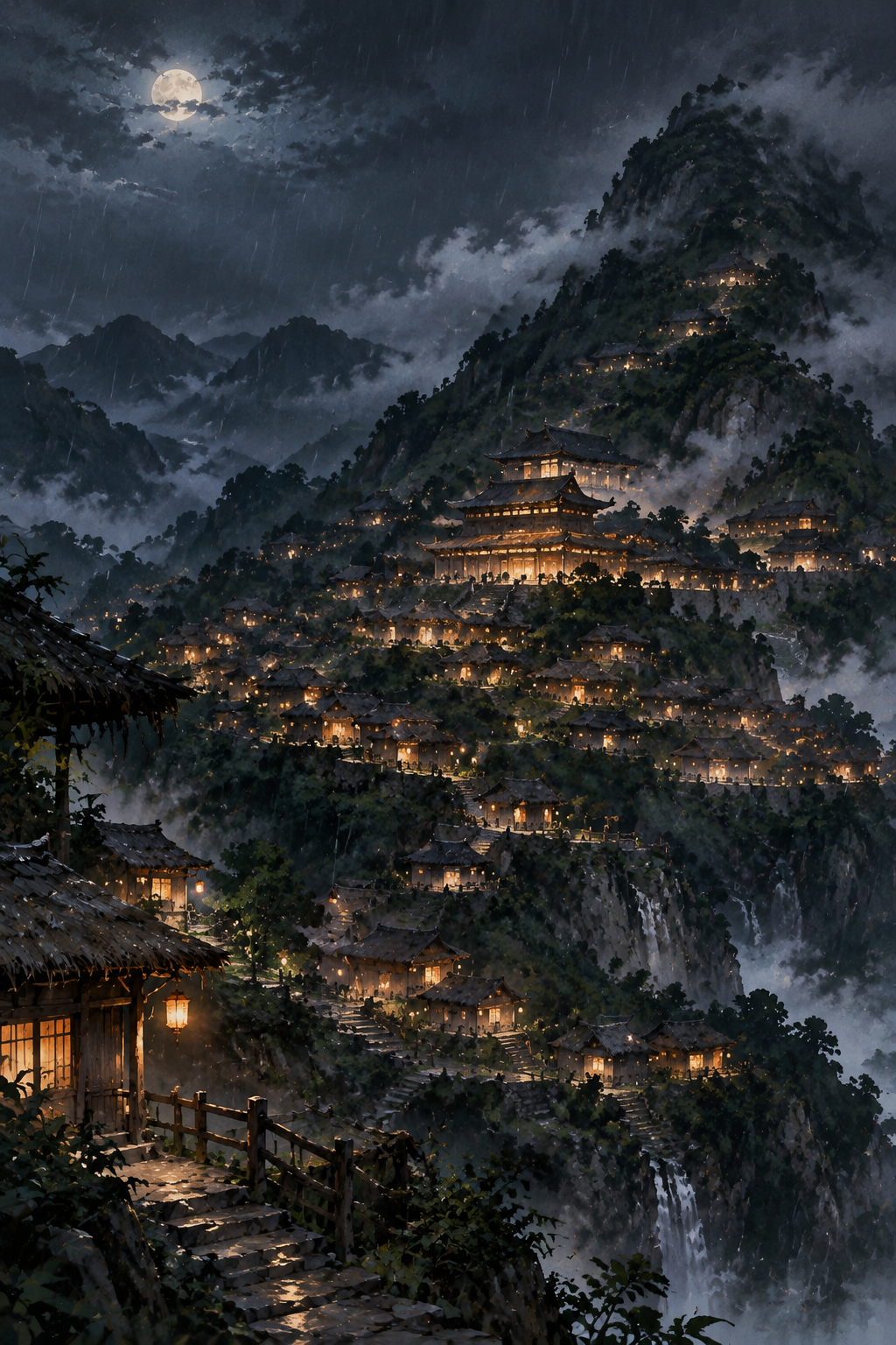 A new place: the Ancient Moon Mountain Stronghold in spring rain at night.
