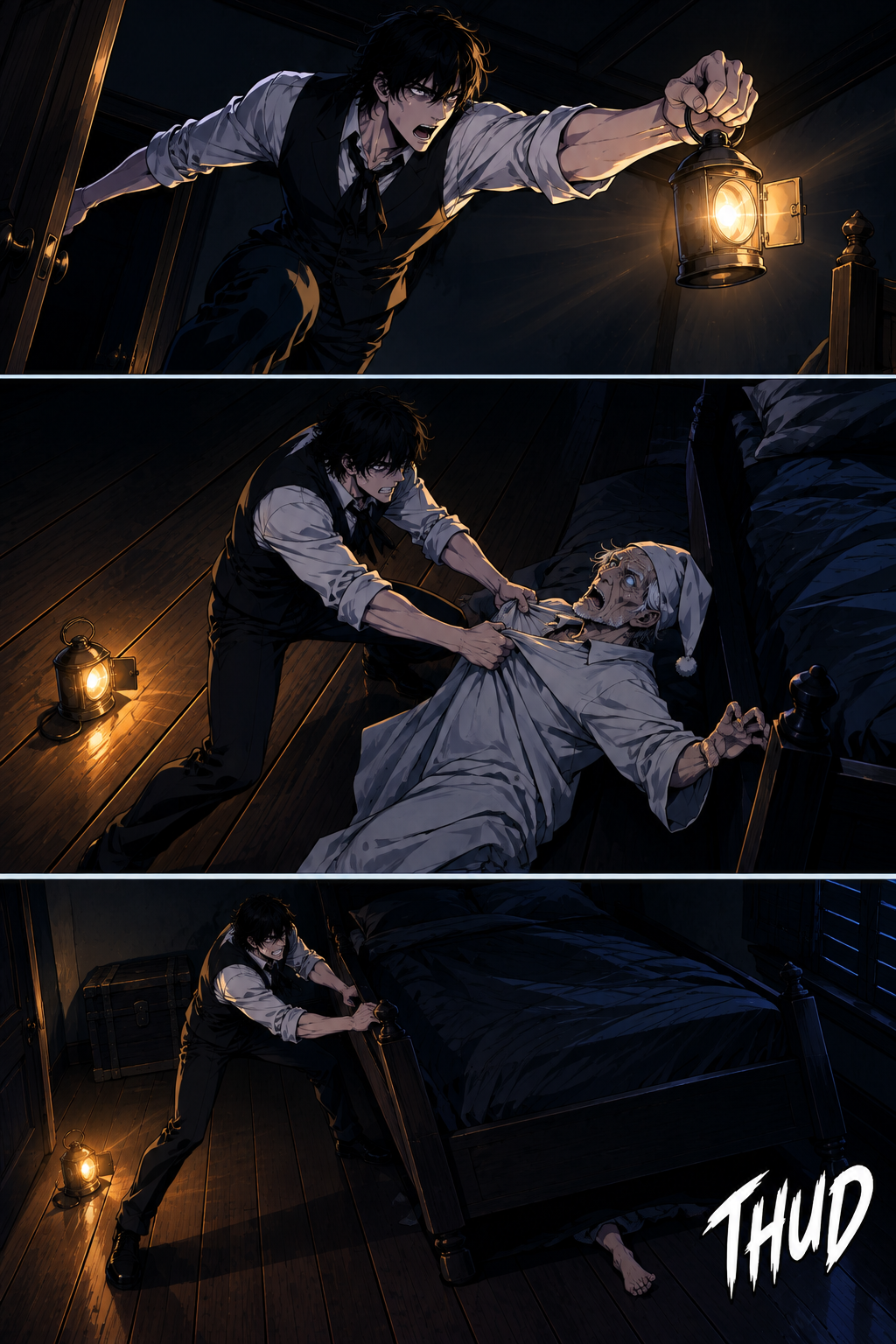 The old man's chamber at midnight, lit only by the lantern now thrown fully open. Until now the narrator stood frozen in the doorway at left, holding a single ray on the old man's eye. Now he yells and leaps from the door at left toward the